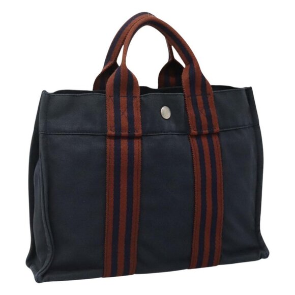 HERMES Fourre Tout PM Hand Bag Canvas Navy Brown Auth ti2734 - Picture 3 of 13